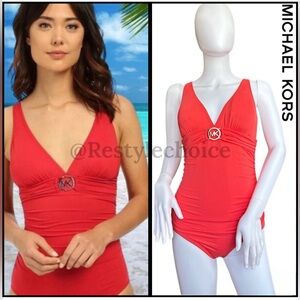☀️👙Michael Michael Kors Logo Shirred Maillot One-Piece Orange 👙☀️